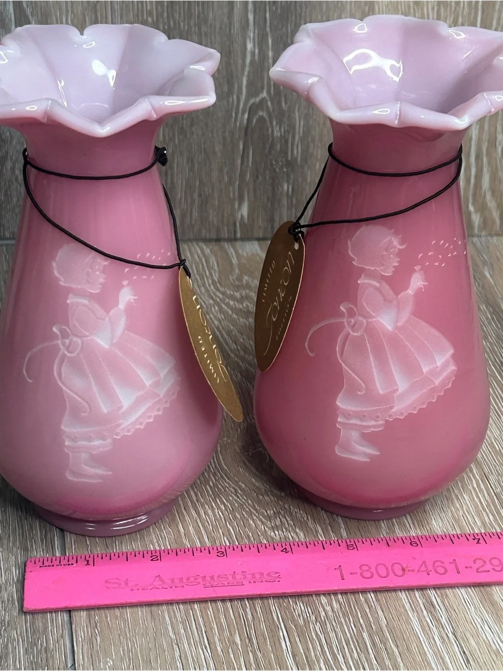 Vintage Fenton Rose Quartz Sand Carved Glass Vases Pair Limited Edition 7.5